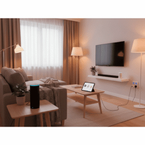 Affordable smart home setup in 2025 featuring Alexa devices, smart lights, and plugs for easy home automation on a budget.