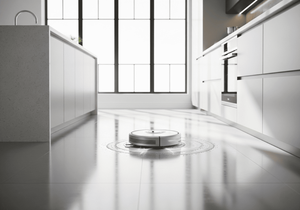 Smart robot mop cleaning a modern kitchen floor with ease