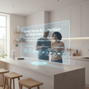 A modern, bright kitchen features a couple standing behind a kitchen island with stools. In the foreground, a translucent holographic interface floats above the counter, displaying the title 'Smart Home Automation for Beginners: A Practical Step-by-Step Guide to Building a Seamless Connected House.' Below the title, a horizontal flow of interconnected icons with numbers represents steps or categories like 'Planning & Setup,' 'Wi-Fi & Hub Security,' and 'Entertainment,' indicating a simplified guide to smart home integration. A smart speaker and a black puck-shaped device are visible on the counter. The image conveys ease of use and accessibility for learning smart home technology, appealing to beginners and those interested in connected living