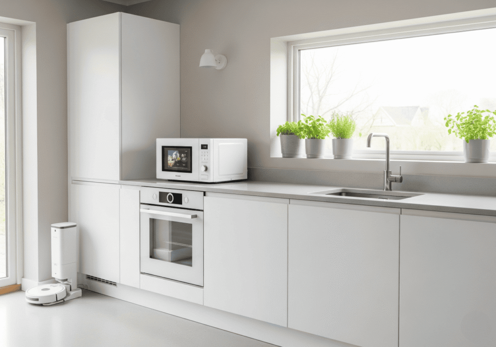A bright, minimalistic modern kitchen with white cabinets and light gray countertops. The kitchen features smart, compact appliances including a white countertop microwave, a built-in oven, and a robot mop and its charging station visible on the left side of the floor. A large window above the sink looks out onto a soft-focused outdoor scene, and three potted herb plants are on the windowsill. The design is clean and welcoming