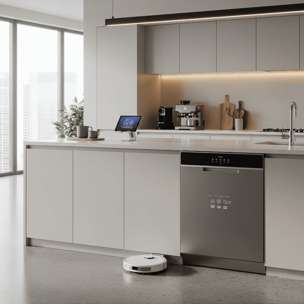 A modern kitchen with light gray cabinets and countertops, showcasing smart cleaning solutions. In the foreground, a white robotic vacuum cleaner is on a polished concrete floor. To its right, a sleek, dark gray smart dishwasher with illuminated controls is integrated into the cabinetry. On the counter, a smart display tablet shows a user interface, positioned near a coffee machine and various kitchen accessories. A large window on the left reveals an urban view.