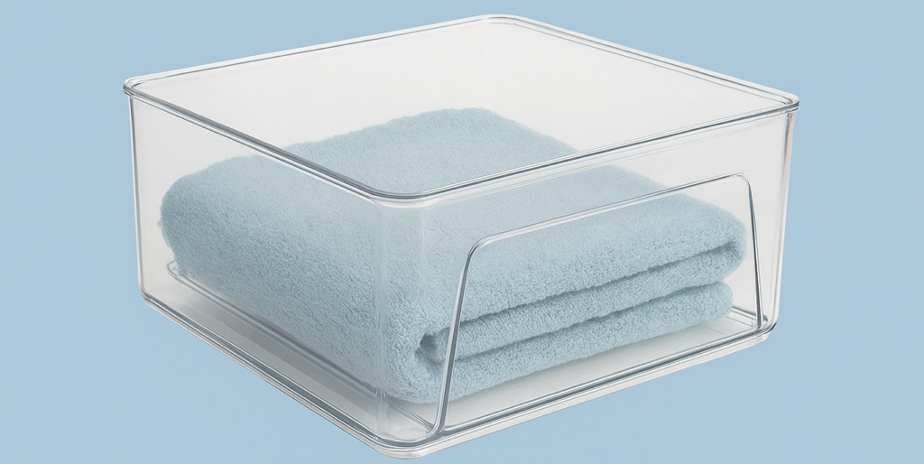 Clear Stackable Closet bins with pull-out drawer containing a neatly folded towel, ideal for organizing clothes and accessories in wardrobes or shelves