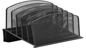 Black metal desk file organizer with five vertical sections for folders and documents, ideal for keeping office desktops tidy and organized.