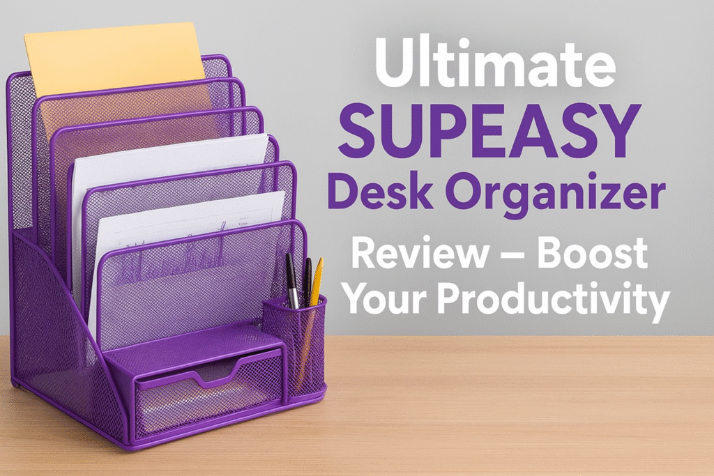 Purple SUPEASY desk organizer with five mesh trays, pen holder, and drawer on a light wooden desk, neatly holding papers and stationery against a gray background.