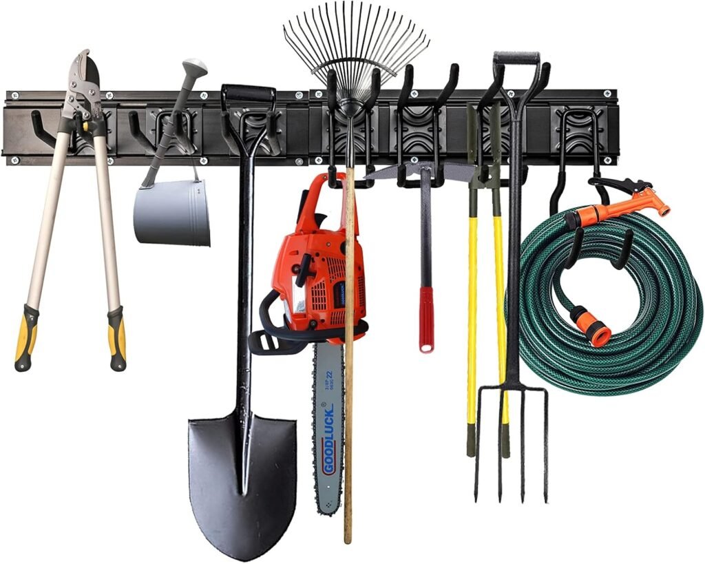 Wall-mounted garage tool organizer with adjustable metal hooks for heavy-duty garden and garage storage — LBT 66" Garage Tool Organizer Wall Mount.