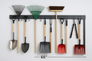 Wall-mounted garage tool organizer with adjustable metal hooks for heavy-duty garden and garage storage — LBT 66" Garage Tool Organizer Wall Mount.