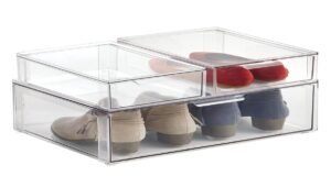 Clear stackable closet storage bin with pull-out drawer containing a neatly folded towel, ideal for organizing clothes and accessories in wardrobes or shelves.