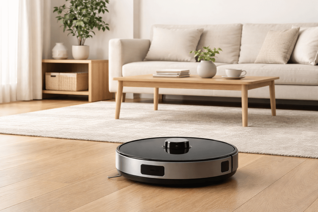 Proscenic M7 Pro robot vacuum cleaning a modern living room with hardwood floors