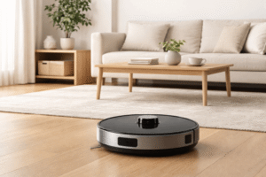 Proscenic M7 Pro robot vacuum cleaning a modern living room with hardwood floors