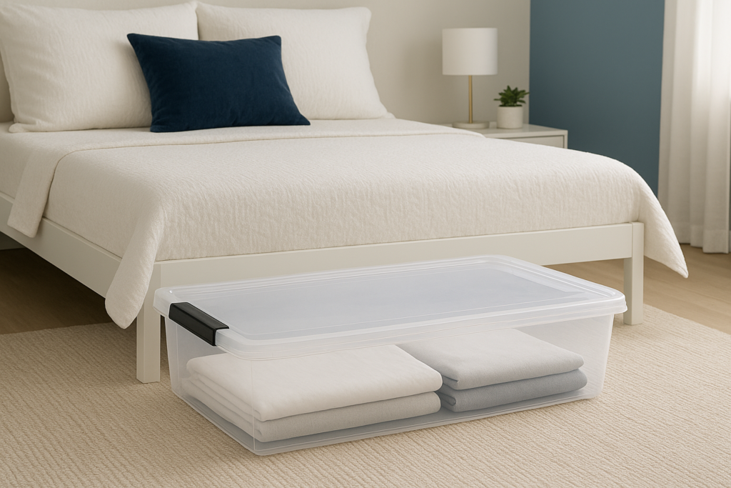 Homz 60 Qt clear under bed storage containers neatly placed under a modern bed, organizing clothes and linens”