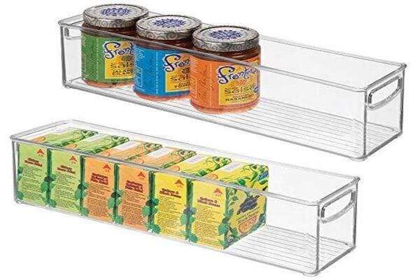 mDesign long narrow organizer bin used in pantry shelf storage