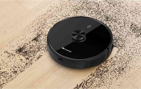 Proscenic M7 Pro robot vacuum cleaning a modern living room with hardwood floors