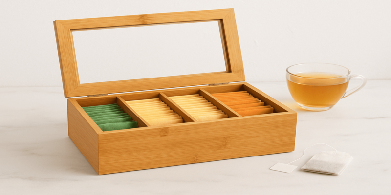 Wooden tea box organizer made of bamboo with clear acrylic lid, featuring multiple compartments for storing and organizing tea bags.