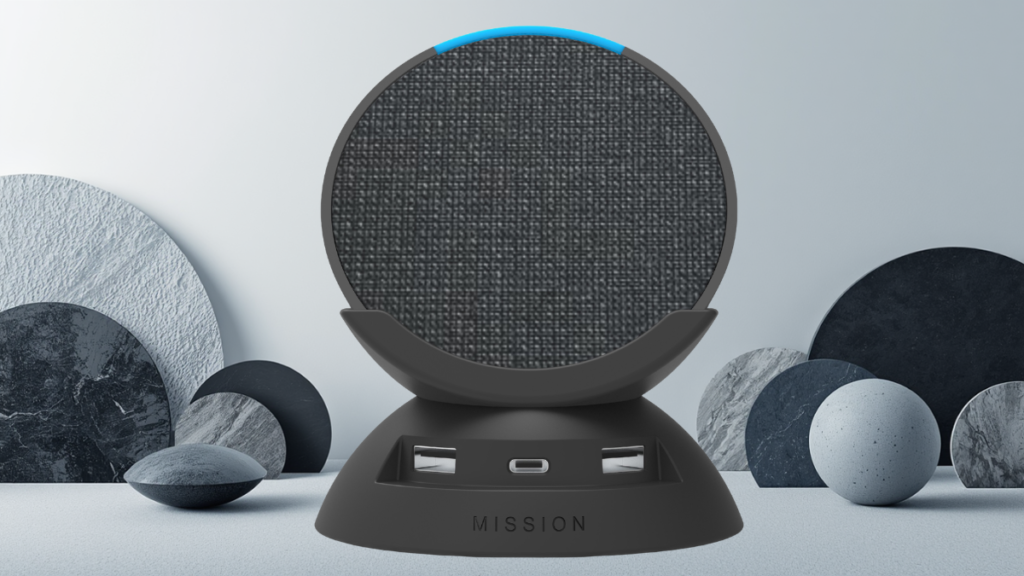 Amazon Echo Pop Charcoal with Battery Base showing its unique semi-sphere design on a desk