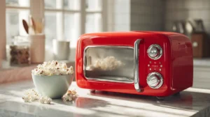 Nostalgia Retro Microwave Review - Red model on kitchen counter