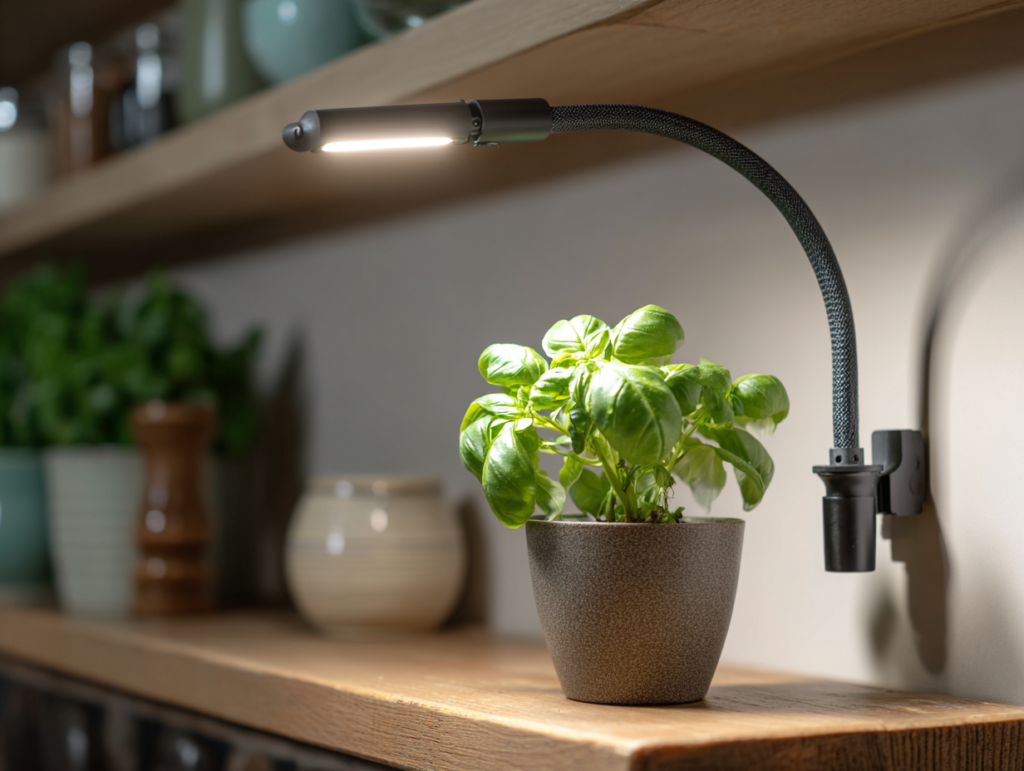 Close-up view of a clip-on LED grow light attached to a kitchen shelf above an herb pot.