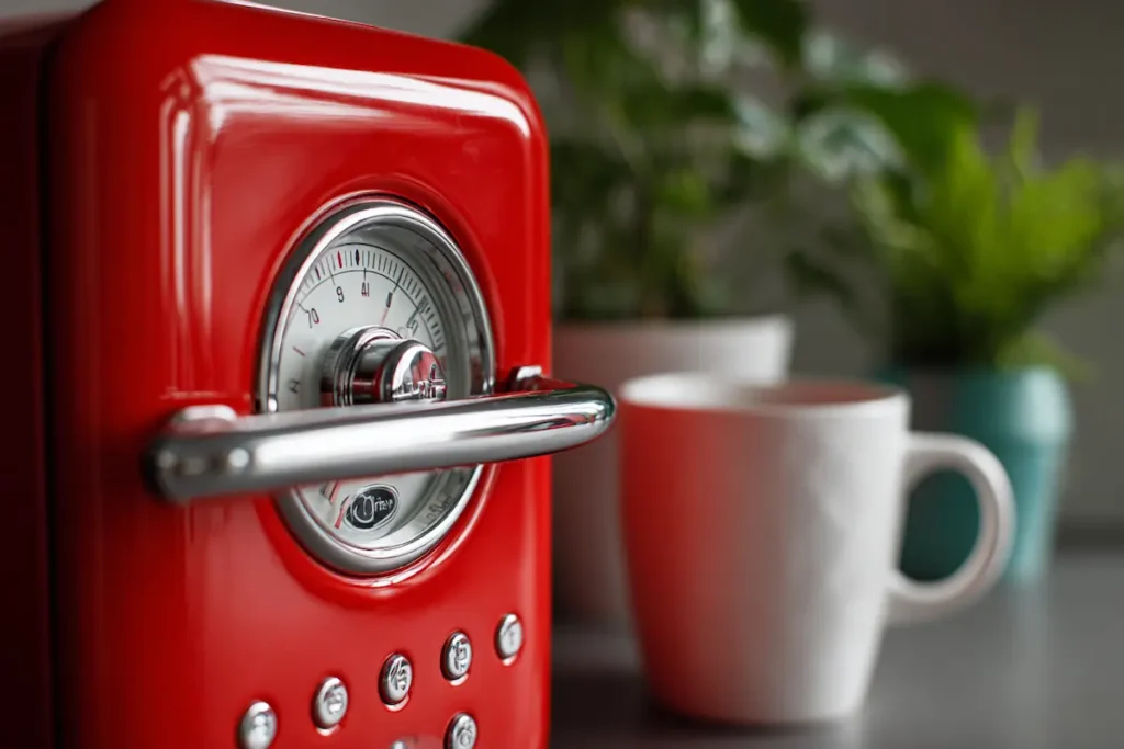 Close-up of a red retro microwave dial showing vintage design details.