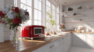 Modern white kitchen featuring trendy red retro kitchen appliances on the countertop.