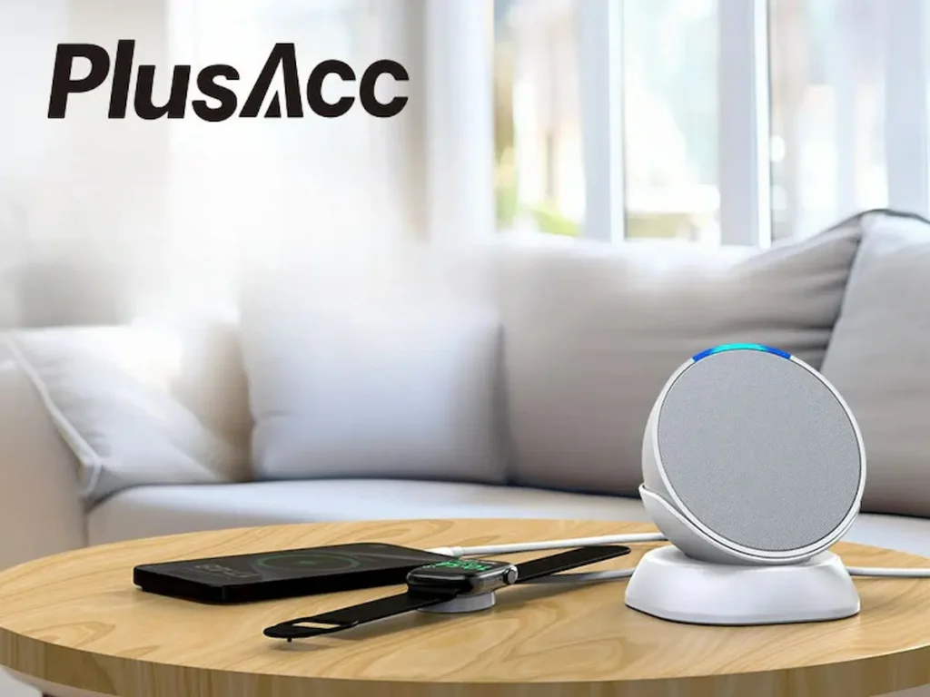 PlusAcc Stand for Echo Pop in white featuring USB-C and USB-A charging ports on a bedside table