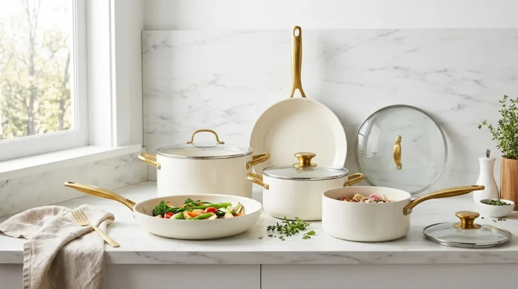 Complete GreenPan Dover 12-Piece Healthy Ceramic Nonstick Cookware Set in Cream White displayed on a modern kitchen countertop with marble backsplash, featuring pots, pans, and glass lids.
