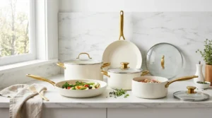 Complete GreenPan Dover 12-Piece Healthy Ceramic Nonstick Cookware Set in Cream White displayed on a modern kitchen countertop with marble backsplash, featuring pots, pans, and glass lids.