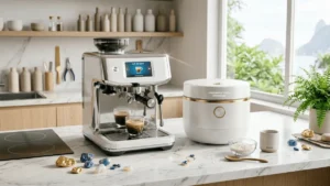 A collection of modern must have kitchen appliances and smart gadgets on a clean white