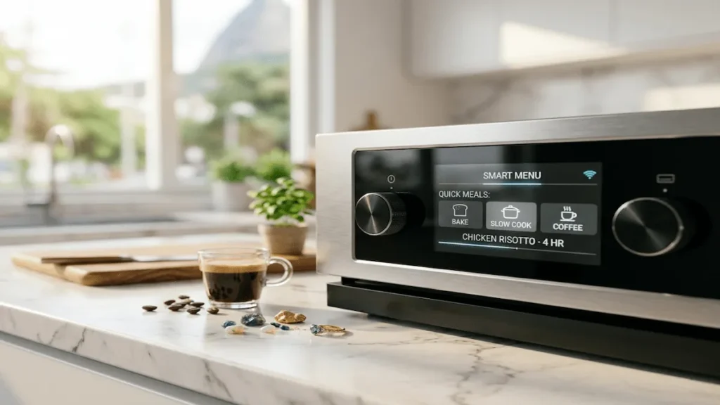 A collection of modern must have kitchen appliances and smart gadgets on a clean white countertop.