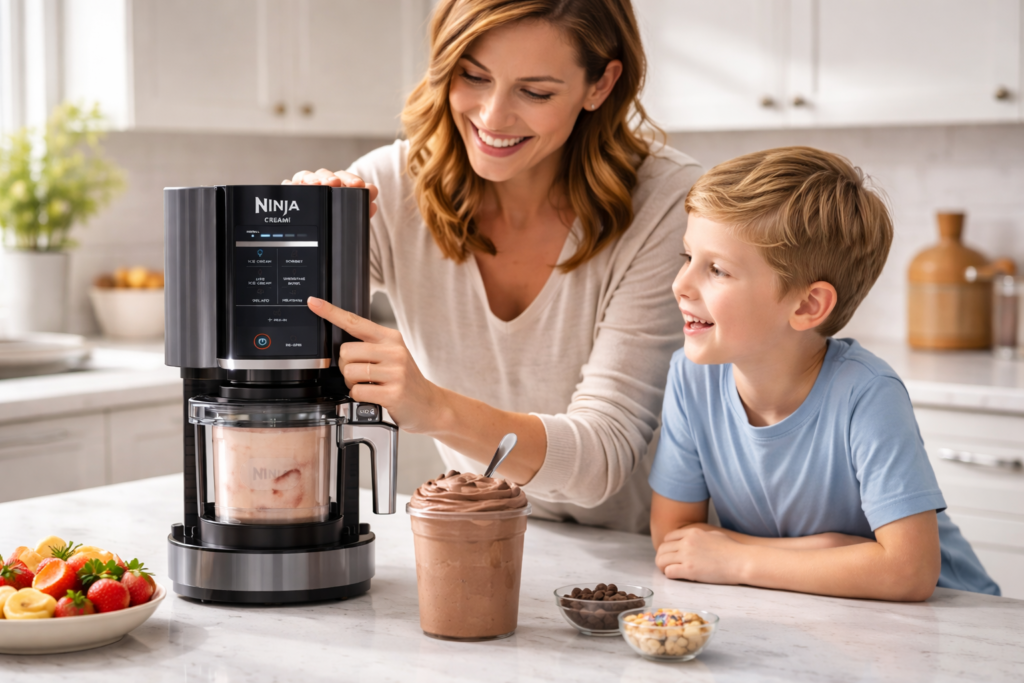Ninja CREAMi NC299AMZ Review - Modern kitchen with woman and child making healthy ice cream