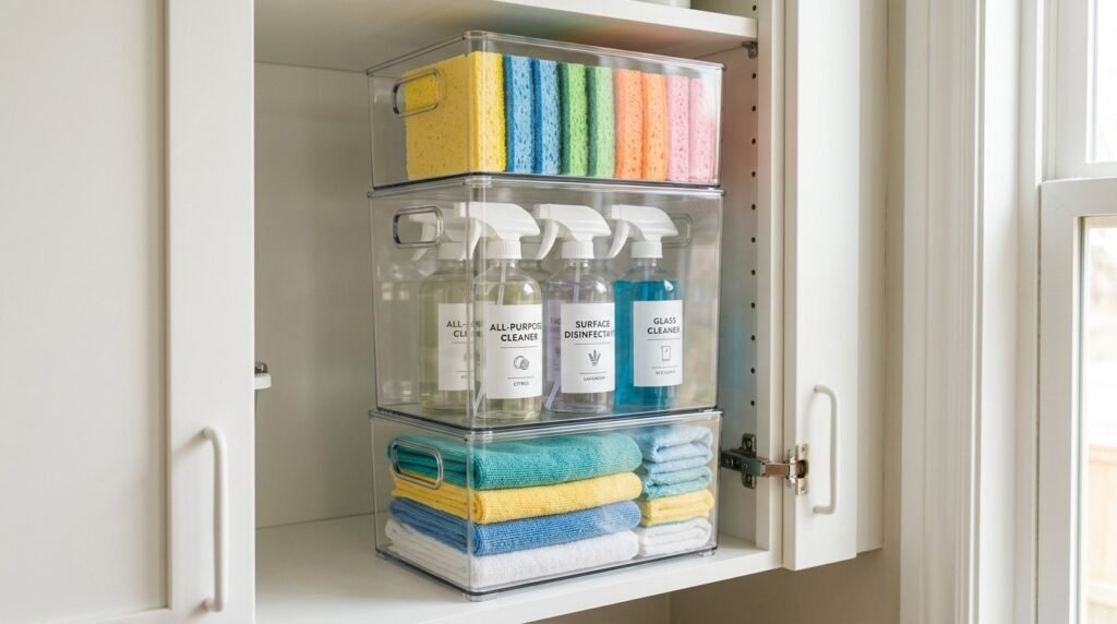 Clear plastic stackable bins organizing cleaning supplies under a kitchen sink